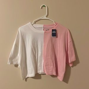 Hollister Pink and White Color Block Cropped Tee